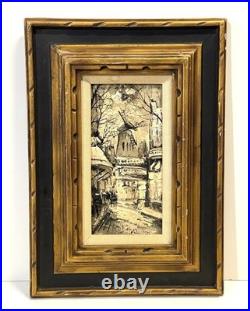 Vintage French Street Scene Cityscape Painting On Canvas Framed And Signed