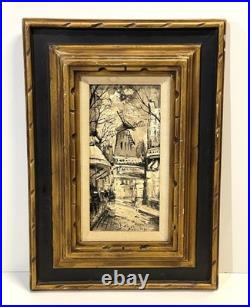 Vintage French Street Scene Cityscape Painting On Canvas Framed And Signed