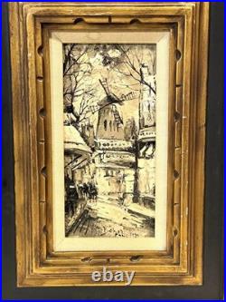 Vintage French Street Scene Cityscape Painting On Canvas Framed And Signed