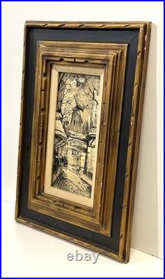 Vintage French Street Scene Cityscape Painting On Canvas Framed And Signed