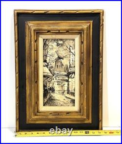 Vintage French Street Scene Cityscape Painting On Canvas Framed And Signed