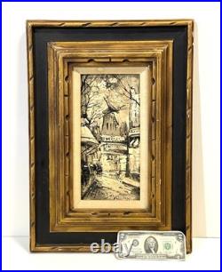 Vintage French Street Scene Cityscape Painting On Canvas Framed And Signed