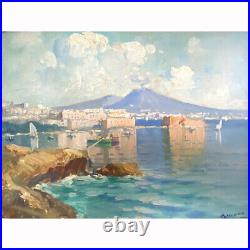 Vintage Gulf of Naples Mount Vesuvius Oil Painting on Canvas Signed Romano