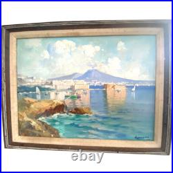 Vintage Gulf of Naples Mount Vesuvius Oil Painting on Canvas Signed Romano