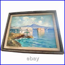 Vintage Gulf of Naples Mount Vesuvius Oil Painting on Canvas Signed Romano