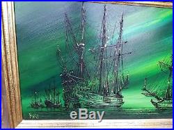 Vintage HUGE OIL PAINTING Nautical Ships scene SIGNED MONTI 51 x 28