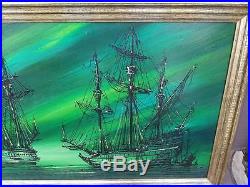 Vintage HUGE OIL PAINTING Nautical Ships scene SIGNED MONTI 51 x 28