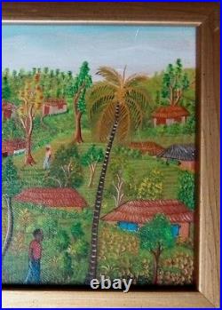 Vintage Haitian Folk Art Naif BIJOUX Painting Joseph Dubic Haiti Village 8x10