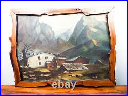 Vintage Hand Framed Oil On Board Painting Landscape Mountain Art Cabin WPA Style