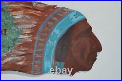 Vintage Hand Painted Aluminum Trade Sign Depicts Native Indian Chiefs Both Sides