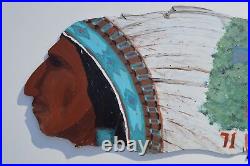 Vintage Hand Painted Aluminum Trade Sign Depicts Native Indian Chiefs Both Sides