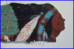 Vintage Hand Painted Aluminum Trade Sign Depicts Native Indian Chiefs Both Sides