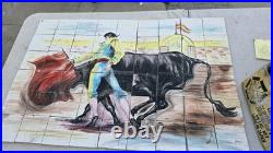 Vintage Hand-Painted Bullfighting Tile Mural Signed M. Hunt 48-Piece Ceramic