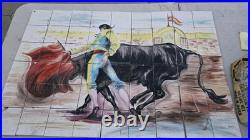 Vintage Hand-Painted Bullfighting Tile Mural Signed M. Hunt 48-Piece Ceramic