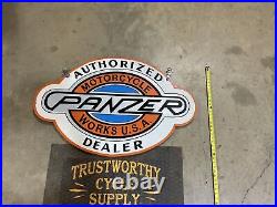 Vintage Hand Painted Panzer Motorcycle Works USA Dealer Sign NICE
