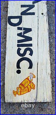 Vintage Hand Painted Wood Carnival Fair Sign Confetti Eggs & Misc Candy Pop Food