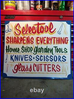 Vintage Hand-painted Metal Sign Advertising Selec-tool knife sharpening landscap