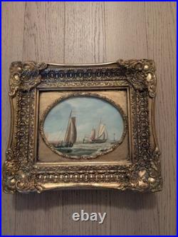Vintage Handpainted Ornate Framed Oil Painting Sail Boats/ Sea 15x13 Signed RT