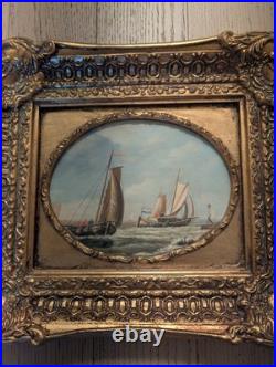 Vintage Handpainted Ornate Framed Oil Painting Sail Boats/ Sea 15x13 Signed RT