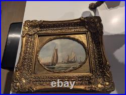 Vintage Handpainted Ornate Framed Oil Painting Sail Boats/ Sea 15x13 Signed RT