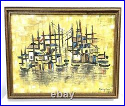 Vintage Harbor Scene Abstract Painting On Canvas Signed And Framed
