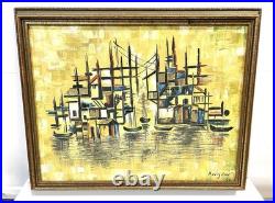 Vintage Harbor Scene Abstract Painting On Canvas Signed And Framed
