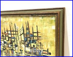 Vintage Harbor Scene Abstract Painting On Canvas Signed And Framed