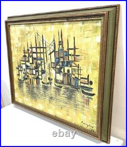 Vintage Harbor Scene Abstract Painting On Canvas Signed And Framed