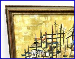 Vintage Harbor Scene Abstract Painting On Canvas Signed And Framed