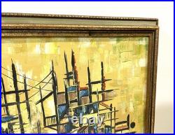 Vintage Harbor Scene Abstract Painting On Canvas Signed And Framed