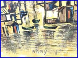 Vintage Harbor Scene Abstract Painting On Canvas Signed And Framed