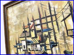 Vintage Harbor Scene Abstract Painting On Canvas Signed And Framed
