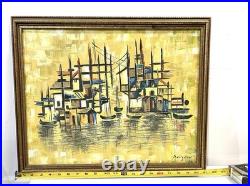 Vintage Harbor Scene Abstract Painting On Canvas Signed And Framed