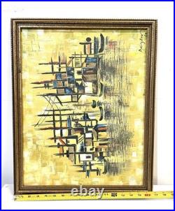 Vintage Harbor Scene Abstract Painting On Canvas Signed And Framed