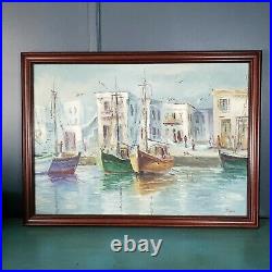 Vintage Harbor Scene Art Painting Coastal Nautical Boats Signed 29.5×21.75