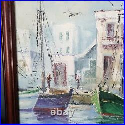Vintage Harbor Scene Art Painting Coastal Nautical Boats Signed 29.5×21.75