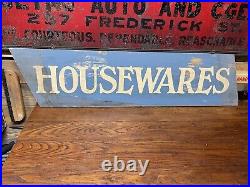 Vintage Hardware Store Painted Wood Adv Sign Housewares Hanging Display Sign