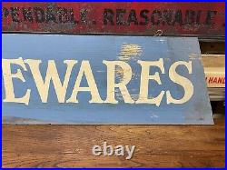 Vintage Hardware Store Painted Wood Adv Sign Housewares Hanging Display Sign