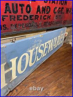 Vintage Hardware Store Painted Wood Adv Sign Housewares Hanging Display Sign