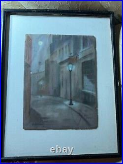 Vintage Hareimann Village Street Nocturne Scene Pastel Painting -Signed/Framed