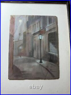 Vintage Hareimann Village Street Nocturne Scene Pastel Painting -Signed/Framed