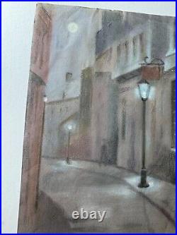 Vintage Hareimann Village Street Nocturne Scene Pastel Painting -Signed/Framed