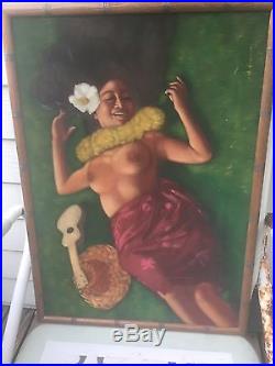 Vintage Hawaiian Nude Wahine Signed By Artist Hula Girl Velvet Painting