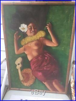 Vintage Hawaiian Nude Wahine Signed By Artist Hula Girl Velvet Painting