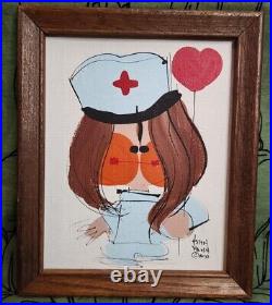 Vintage Helyn Mann Nurse Painting Signed Framed 1970 Midcentury MCM Cartoon Art