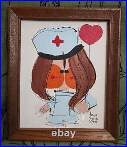 Vintage Helyn Mann Nurse Painting Signed Framed 1970 Midcentury MCM Cartoon Art