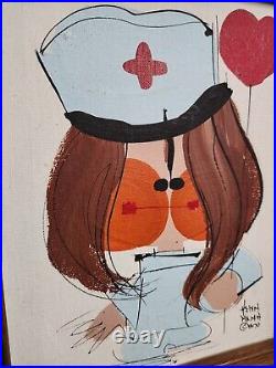 Vintage Helyn Mann Nurse Painting Signed Framed 1970 Midcentury MCM Cartoon Art