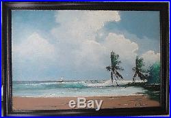 Vintage Highwaymen Oil Painting Beach Scene Sailboat Framed Signed L. Newton