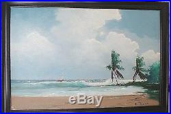 Vintage Highwaymen Oil Painting Beach Scene Sailboat Framed Signed L. Newton