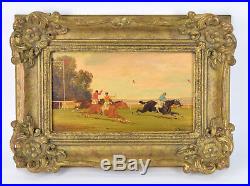 Vintage Horse Racing Oil Painting on Wood Plank Jockeys & Horses by W. Webb